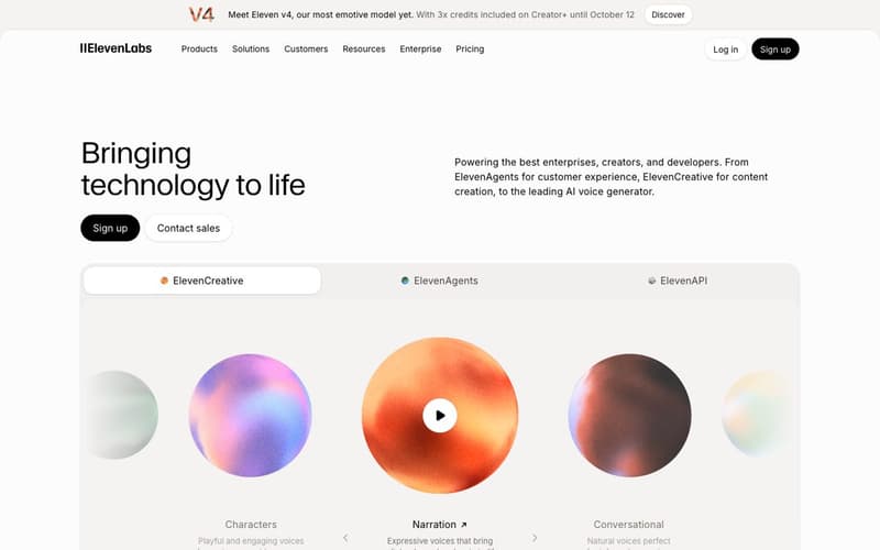 ElevenLabs homepage with ElevenCreative, ElevenAgents and ElevenAPI, October 2026