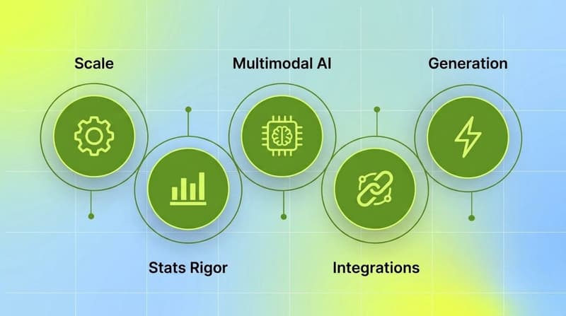 Cluster of five green capability nodes showing scale, stats rigor, multimodal AI, integrations, and generation
