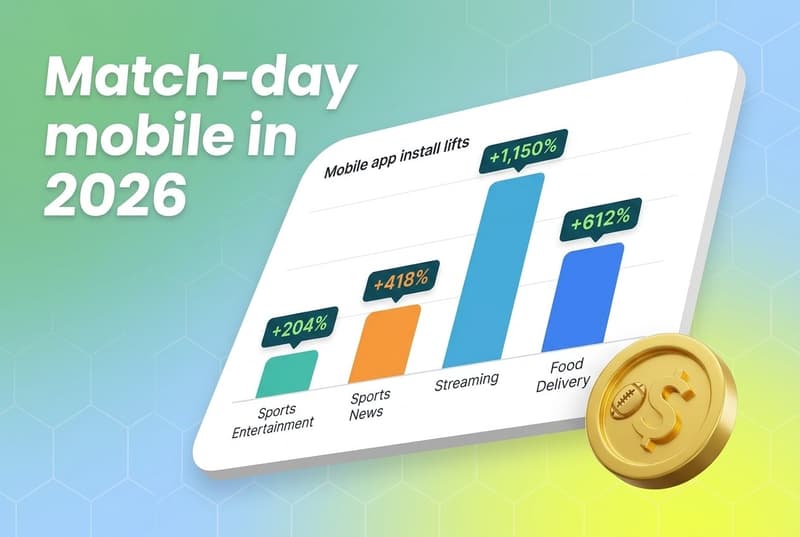 Tilted dashboard card showing World Cup 2022 install spikes with gold coin accent and white headline