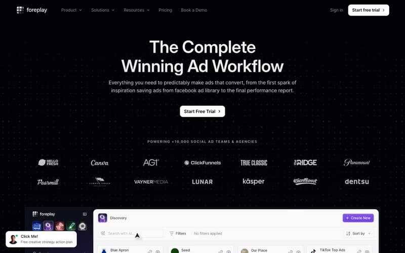 Foreplay homepage showing its winning ad workflow, from saving ads in ad libraries to the final performance report