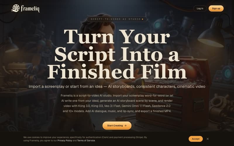Frameliq homepage with the turn your script into a finished film headline for its script-to-video AI studio