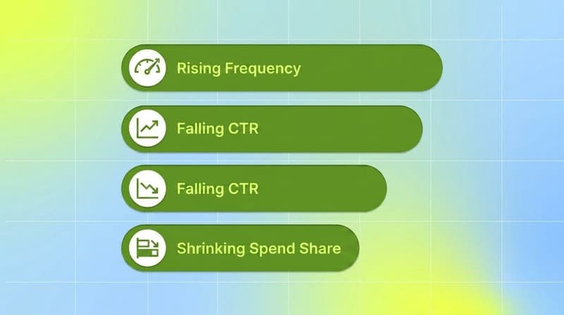 Detection checklist showing the three combined fatigue signals: rising frequency, falling CTR, and shrinking spend share