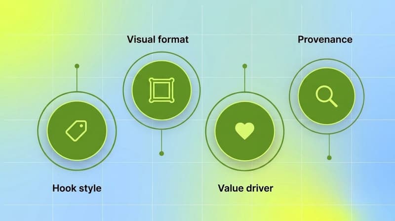 Four green cluster circles labeled Hook style, Visual format, Value driver, and Provenance