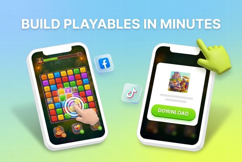 Playable ad creative concepts arranged with mobile game UI elements