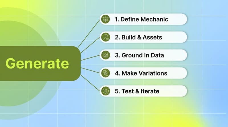Five-step workflow for generating playable ads with AI from mechanic definition to iteration