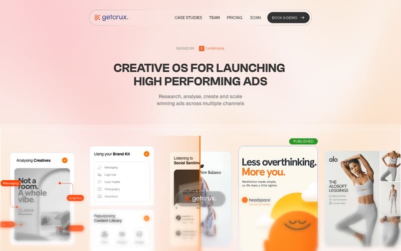GetCrux homepage showing its creative OS for researching, analysing, creating and scaling ads across channels