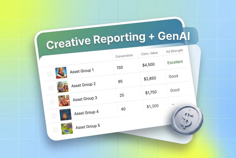 Tilted dashboard card showing Performance Max asset-level conversion reporting with creative thumbnails and a 3D dollar coin accent