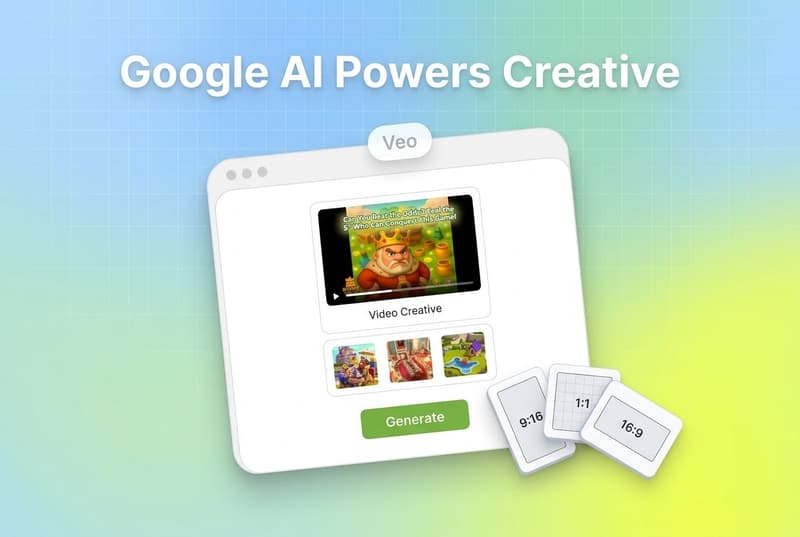 Tilted Google Ads creative studio card with video thumbnail, Veo label, and fanned aspect-ratio creative cards