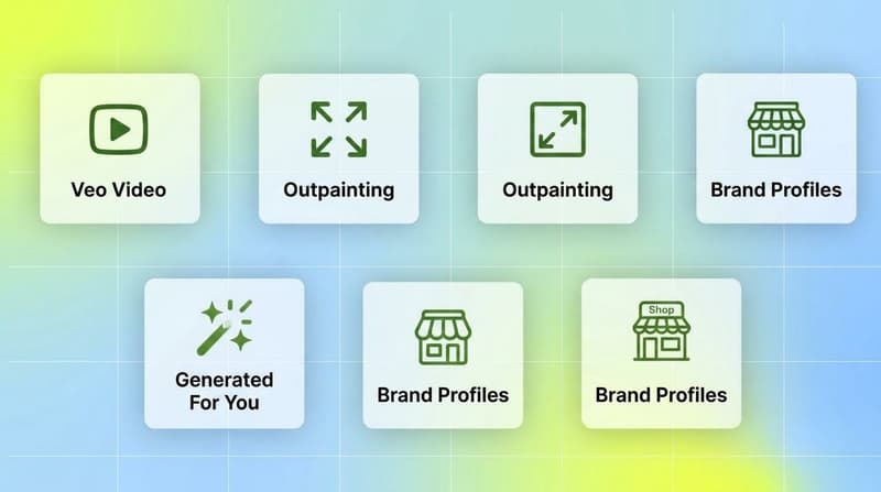 Four feature cards showing Veo Video, Outpainting, Generated For You, and Brand Profiles capabilities