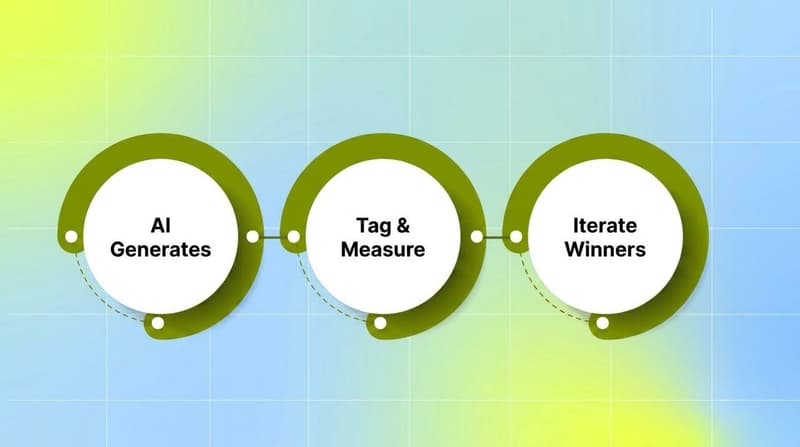 Three-ring process flow showing AI Generates, Tag and Measure, Iterate Winners loop