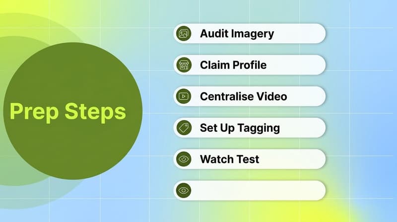 Step list hub showing five Google Ads prep steps: audit imagery, claim profile, centralise video, set up tagging, watch test