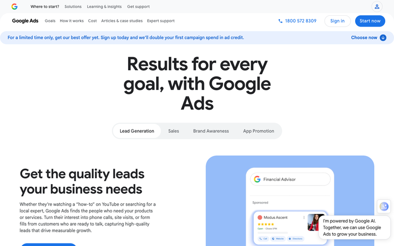 Google Ads homepage, screenshot taken September 2026