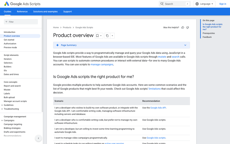 Google Ads Scripts homepage, screenshot taken September 2026