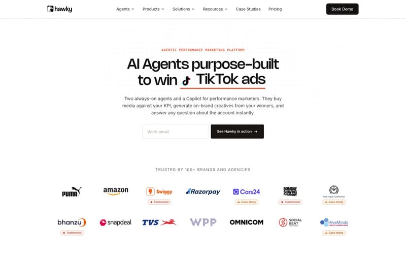 Hawky homepage showing AI agents for performance marketers that buy media and generate creatives from winners