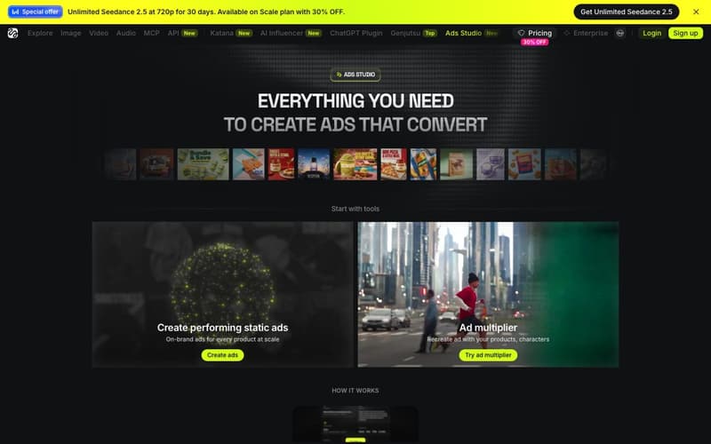 Higgsfield Ads Studio page with static ad and ad multiplier tools, October 2026