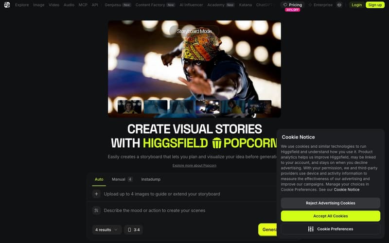 Higgsfield Popcorn page with the create visual stories headline, storyboard mode preview and a cookie notice