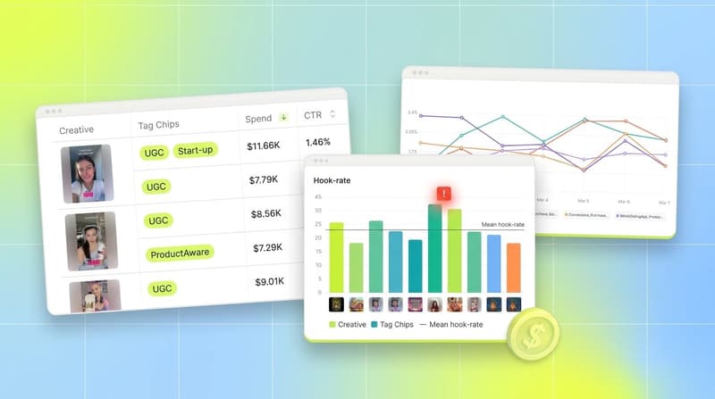 Segwise product interface showing creative tagging with tag chips, top hooks performance and fatigue tracking