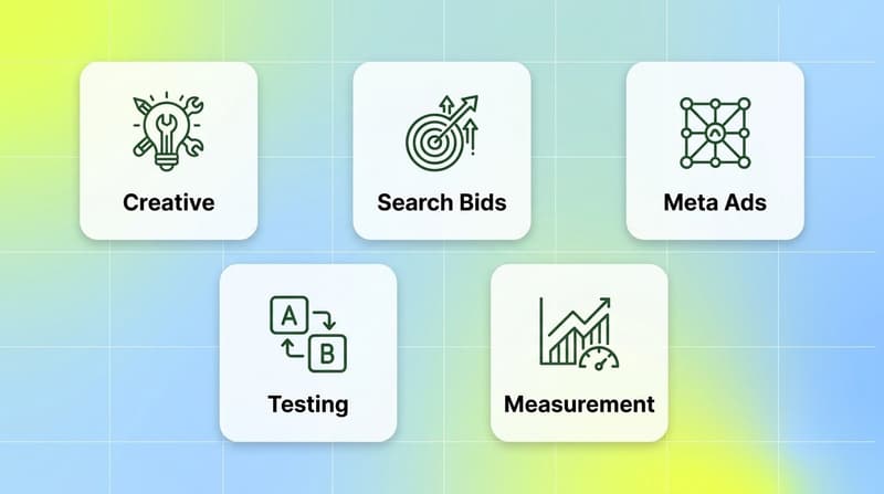 Five tool categories for high ROAS shown as white cards with green icons: creative, search bids, Meta ads, testing, measurement