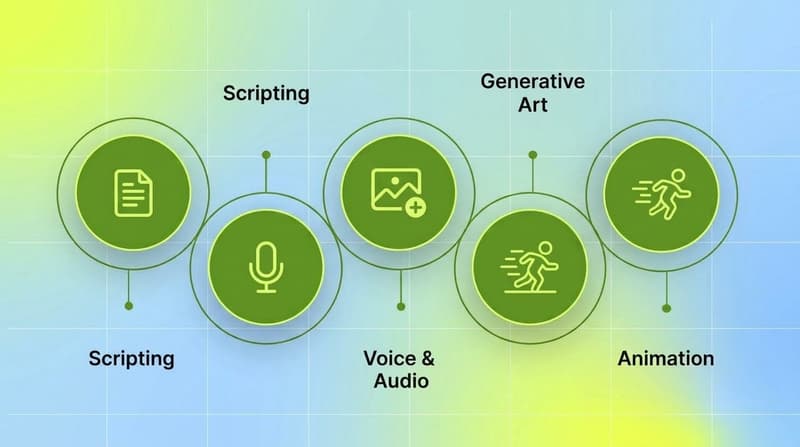 Cluster of four green nodes labeled scripting, voice and audio, generative art, and animation showing an AI creative tool stack by function