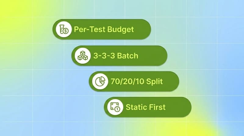 Four creative testing frameworks shown as green pills: per-test budget, 3-3-3 batch, 70/20/10 split, static first