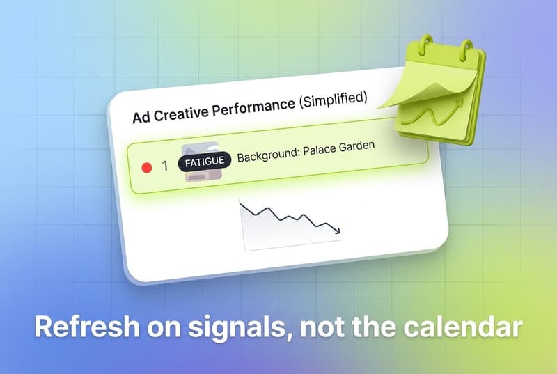 Ad creative refresh cadence dashboard showing fatigue signals across platforms