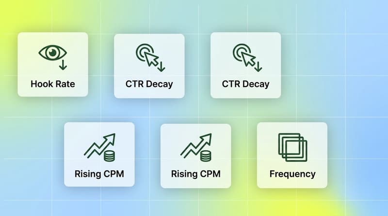 Four creative fatigue warning signals: hook rate drop, CTR decay, rising CPM, rising frequency