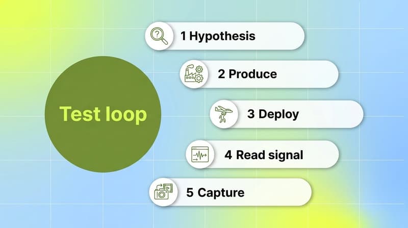 The five-stage compounding creative testing loop from hypothesis to feeding the next brief