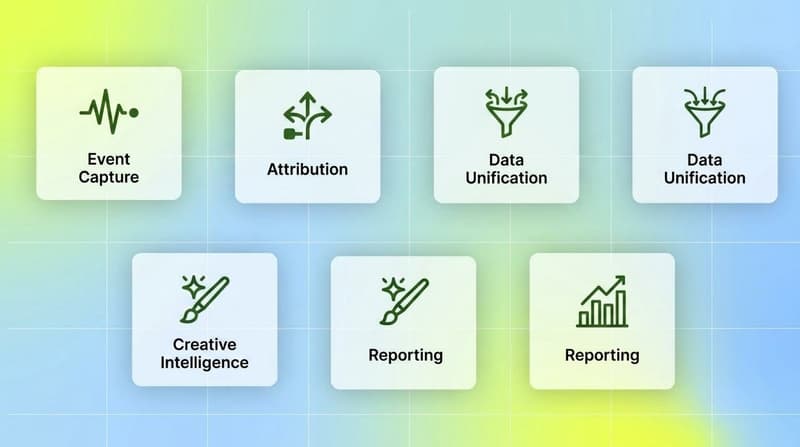 Six stacked capability cards labelled event capture, attribution, data unification, creative intelligence, fatigue detection, and reporting, representing the layers of a marketing performance tracking system