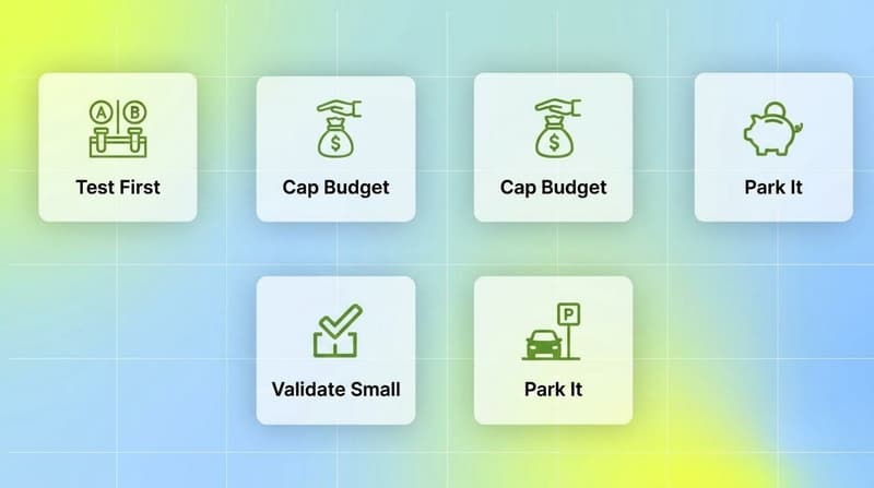 Four white cards showing the angle-testing decision outcomes: test first, cap budget, validate small, and park it
