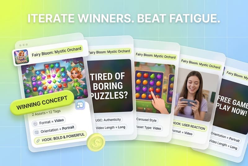 Fanned ad creative cards showing four iterated variants of a winning concept with the headline Iterate Winners Beat Fatigue