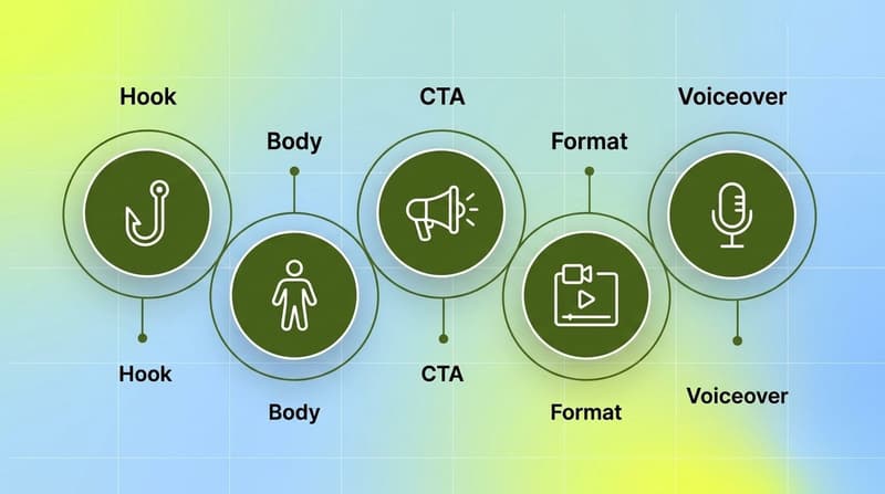 Cluster of five green circles labeled Hook Body CTA Format Voiceover representing the iteration tree branches