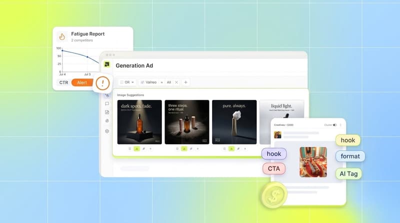 Segwise UI collage showing creative generation variants alongside a fatigue report and tagged creative cards