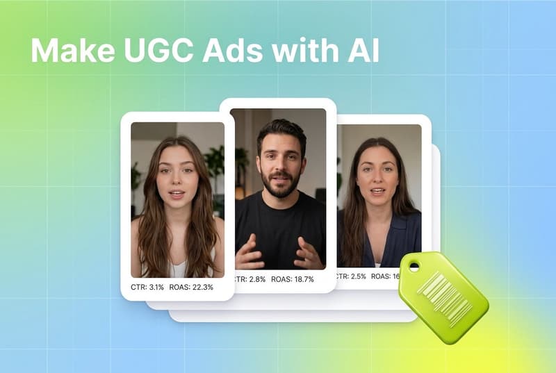 Stacked UGC-style video ad cards with performance stats and a tag accent