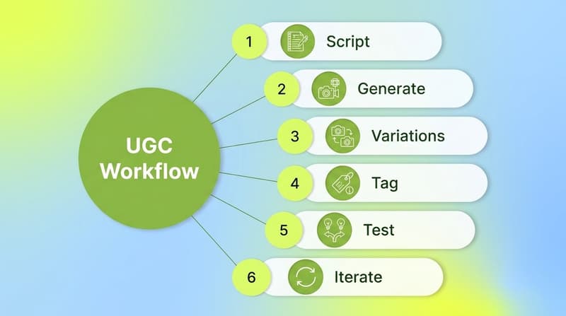 Six-step UGC-ad workflow from script and generate through tag, test, and iterate