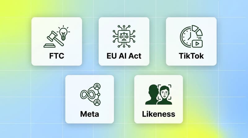 Five cards covering FTC, EU AI Act, TikTok, Meta, and likeness disclosure rules