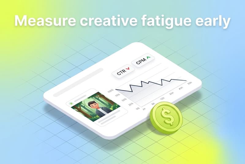 Dashboard tracking ad creative fatigue with CTR, CPM and frequency metrics declining over time