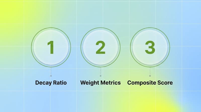 Three-step process for calculating a creative fatigue decay score from metric ratios