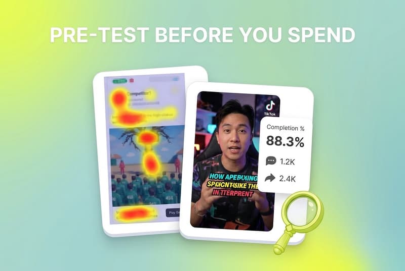 Layered cards showing TikTok creative engagement and AI heatmap pre-test, magnifying glass accent