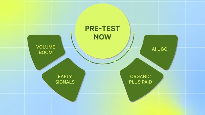 Radial diagram with four petals showing why pre-testing matters: volume boom, early signals, AI UGC, organic plus paid