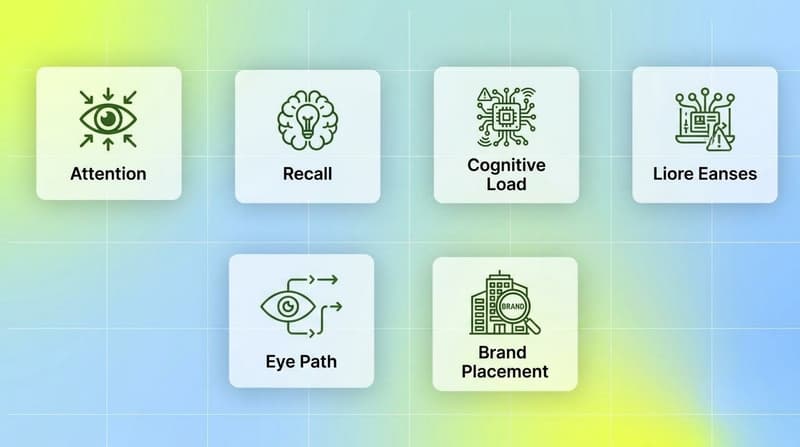 Five white feature cards showing what AI synthetic pre-testing measures: attention, recall, cognitive load, eye path, brand placement