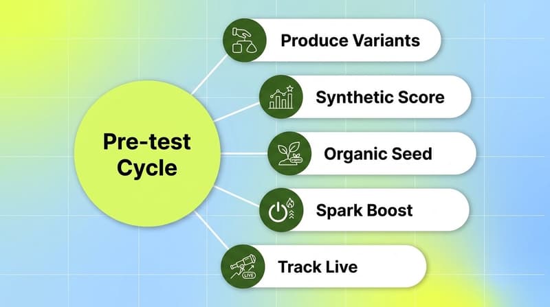 Step list hub showing the 2026 pre-test to live cycle: produce variants, synthetic score, organic seed, spark boost, track live