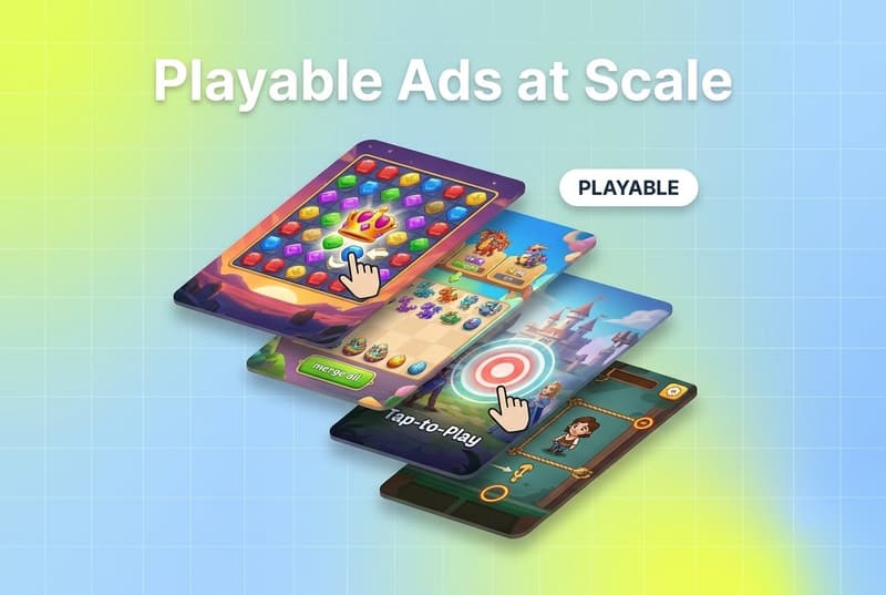 Fanned set of mobile game playable ad creative cards illustrating playable ad production at scale
