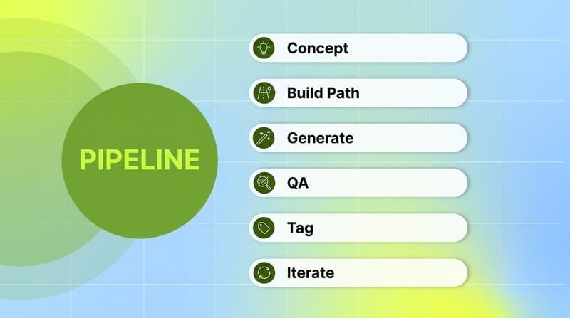 Six-stage playable ad production pipeline: Concept, Build Path, Generate, QA, Tag, Iterate