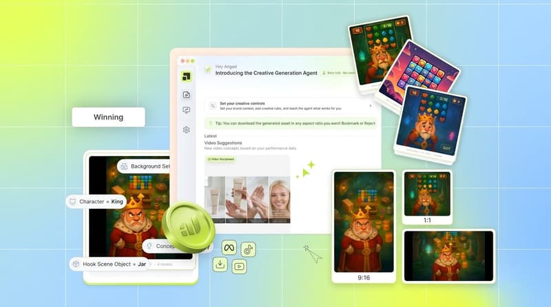 A Segwise creative generation view with generated ads and multiple export sizes shown as floating cards