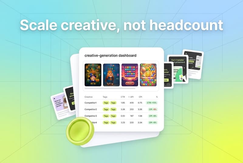 Stacked creative production dashboard cards with fanned ad thumbnails and a lime coin accent