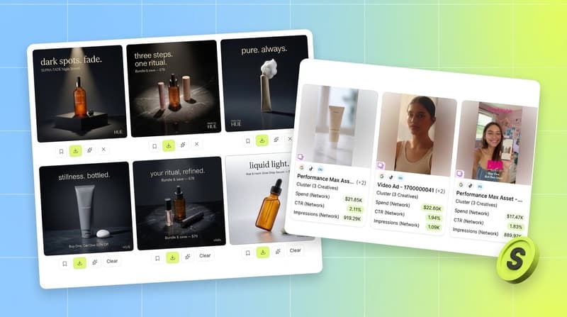 Segwise interface showing AI-generated ad creatives alongside a top performing creatives table with tags and metrics