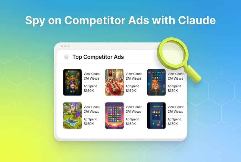 Competitor ad-tracking dashboard card with a magnifying glass and headline about spying on competitor ads with Claude
