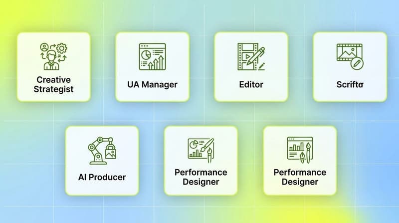 Feature grid showing the five core roles on a modern app UA creative team