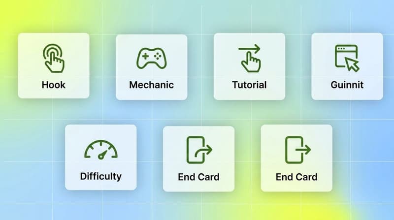 Five interactive elements of a playable ad shown as labeled cards: hook, core mechanic, tutorial, difficulty, end card