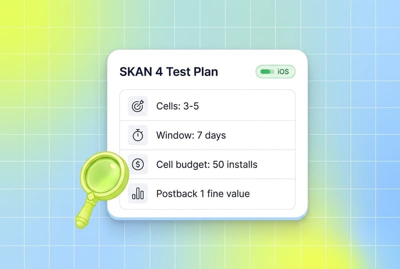 Flat UI card showing iOS SKAN creative test plan with cells, window, budget, and postback fine value rows